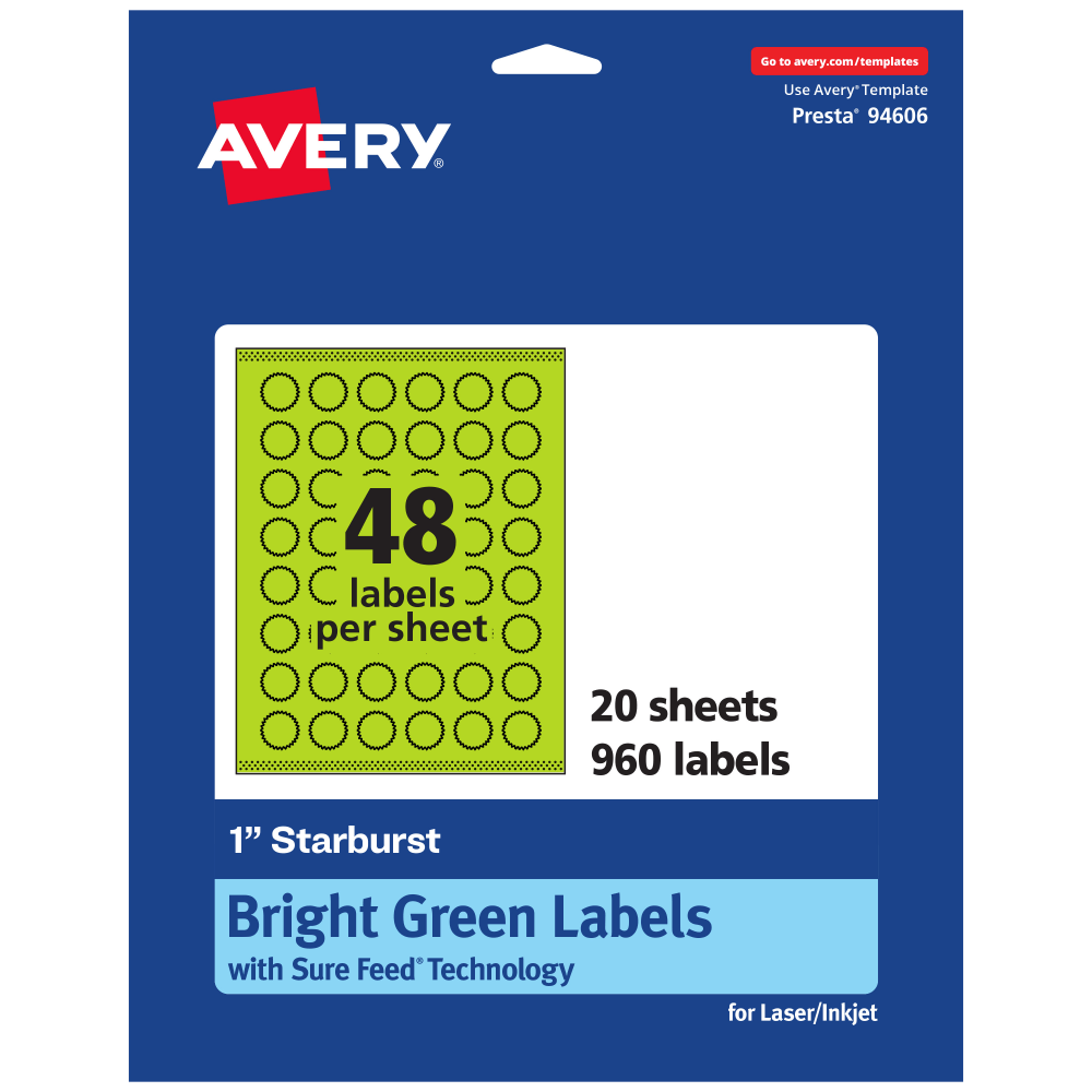 Avery Print-To-The-Edge Labels With Sure Feed Technology, 94606-BGP20, Starburst, 1in, Matte Bright Green, Pack of 960