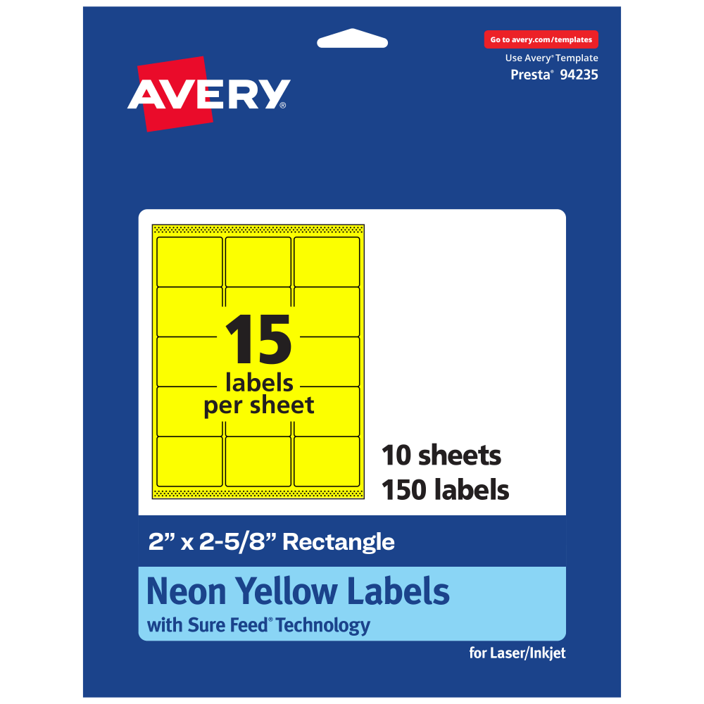 Avery Printable Labels With Sure Feed Technology, 94235-NYP10, Rectangle, 2in x 2-5/8in, Matte Neon Yellow, Pack of 150