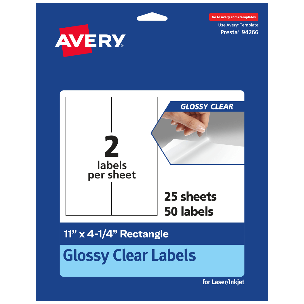 Avery Glossy Permanent Labels, 94266-CGF25, Rectangle, 11in x 4-1/4in, Clear, Pack Of 50