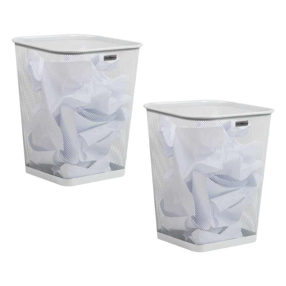 Mind Reader Metal Trash Can Square Waste Paper Basket, 12 1/4inH x 9 3/4inW x 9 3/4inD, White Set of 2
