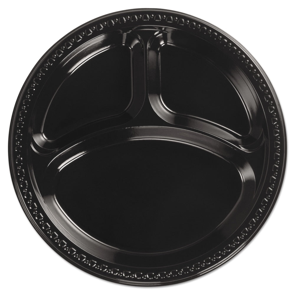 Chinet Heavyweight Plastic 3-Compartment Plates, 10-1/4in, Black, 125 Plates Per Pack, Cart Of 4 Packs