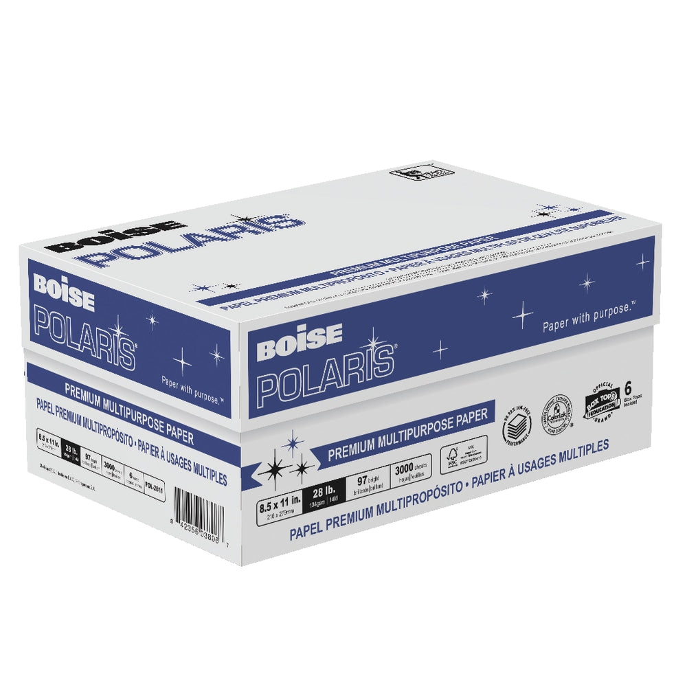 Boise, Polaris, Copy & Multipurpose Paper, White, Letter, 8 1/2in x 11in, 28lb, 97B, 6 ream, Case