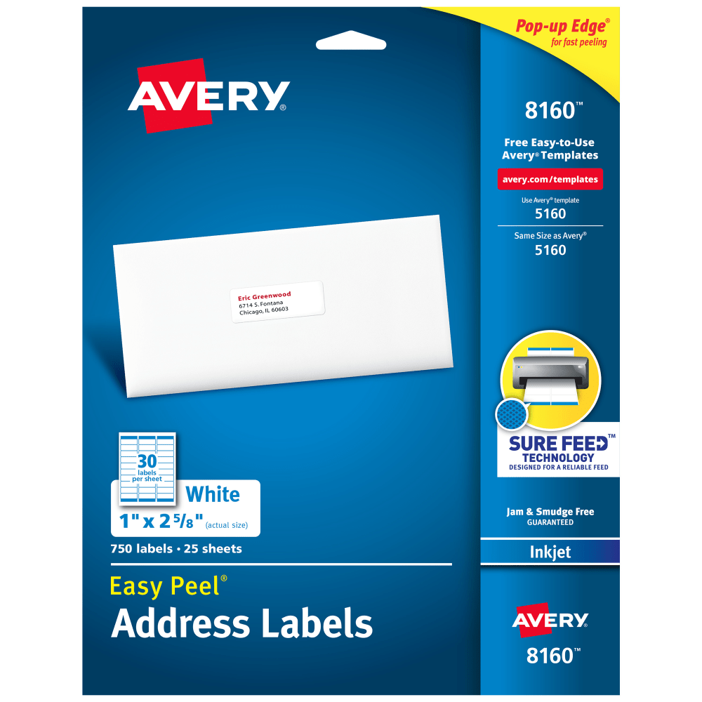 Avery Easy Peel Address Labels With Sure Feed Technology, 8160, Rectangle, 1in x 2-5/8in, Matte White, Pack Of 750