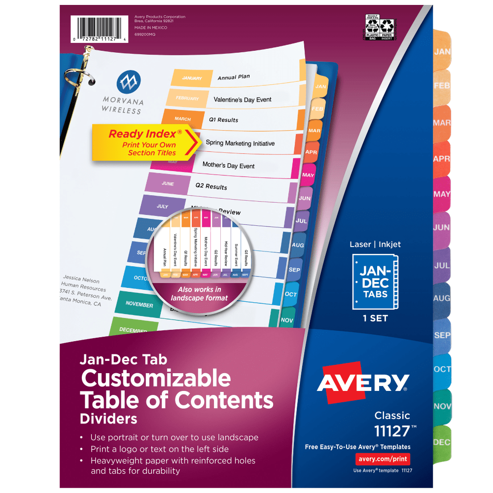 Avery Ready Index Jan-Dec Tab With Customizable Table Of Contents Binder Dividers, 8-1/2in x 11in, 12 Tab, Multicolor, 1 Set