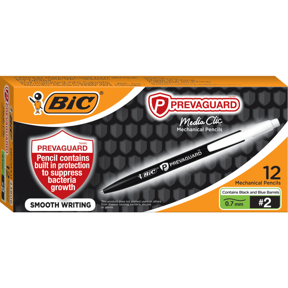 BIC Prevaguard Mechanical Pencil with antimicrobial additive, 0.7 mm, #2, Black Barrel, Pack Of 12 Pencils