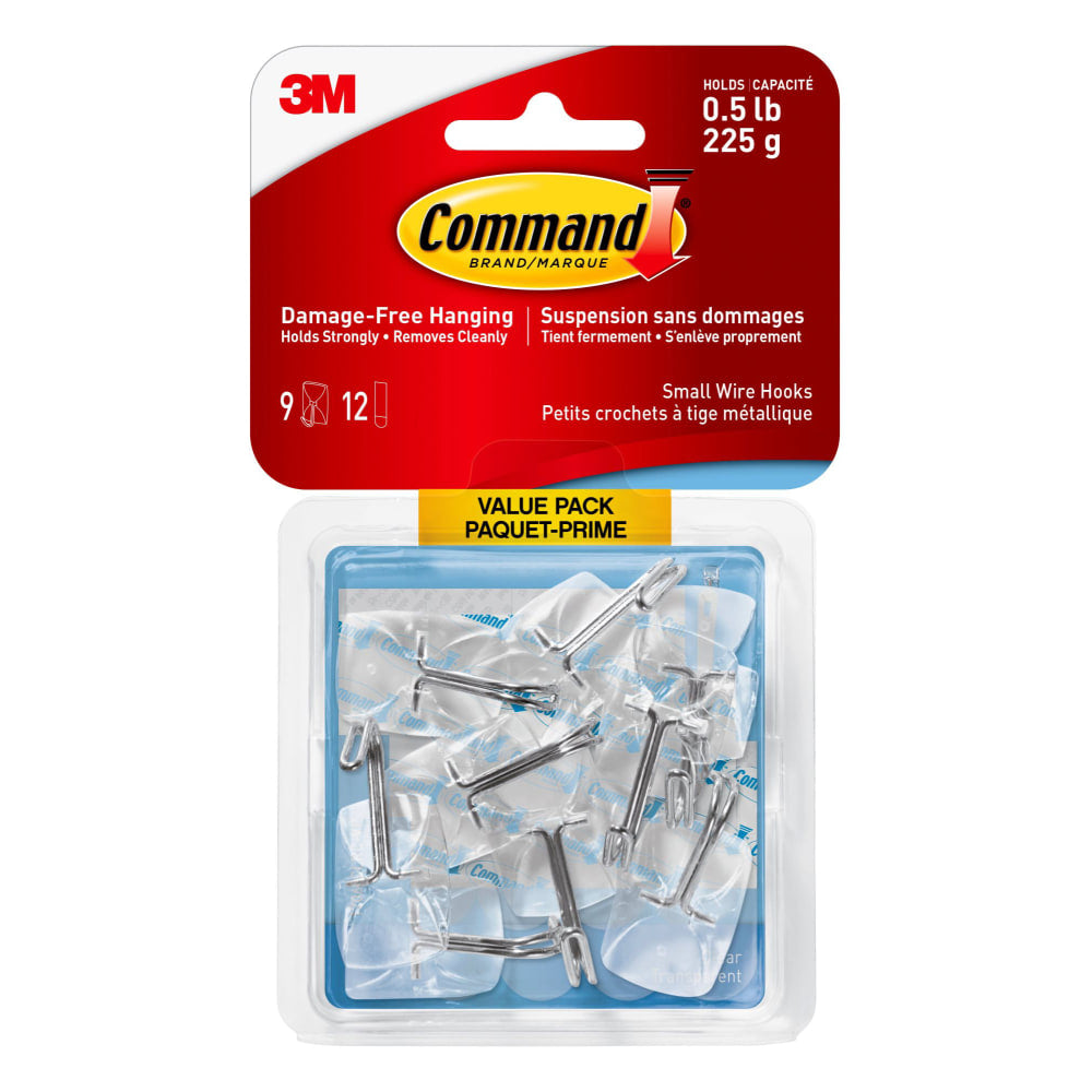 Command Small Wire Hooks, 9 Hooks, 12 Clear Adhesive Strips, Damage Free Hanging Picture Hangers, No Tools Wall Hanging for Back to School