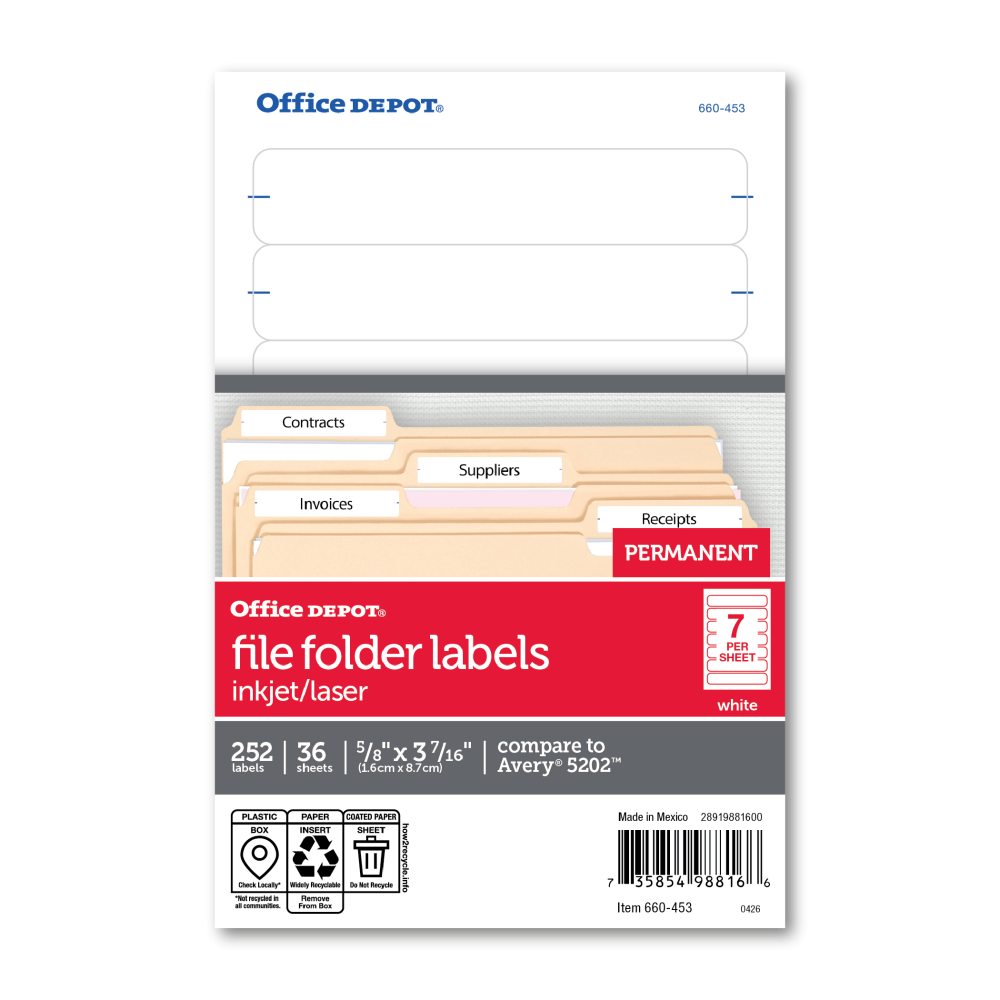 Office Depot Brand Print-Or-Write Color Permanent File Folder Labels, OD98816, Rectangle, 5/8in x 3 1/2in, White, Pack Of 252