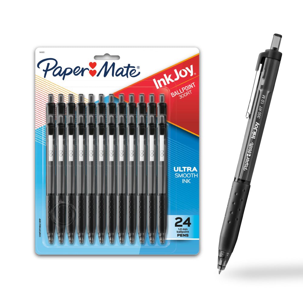 Paper Mate InkJoy 300 RT Retractable Pens, Medium Point, 1.0 mm, Clear Barrels, Black Ink, Pack Of 24