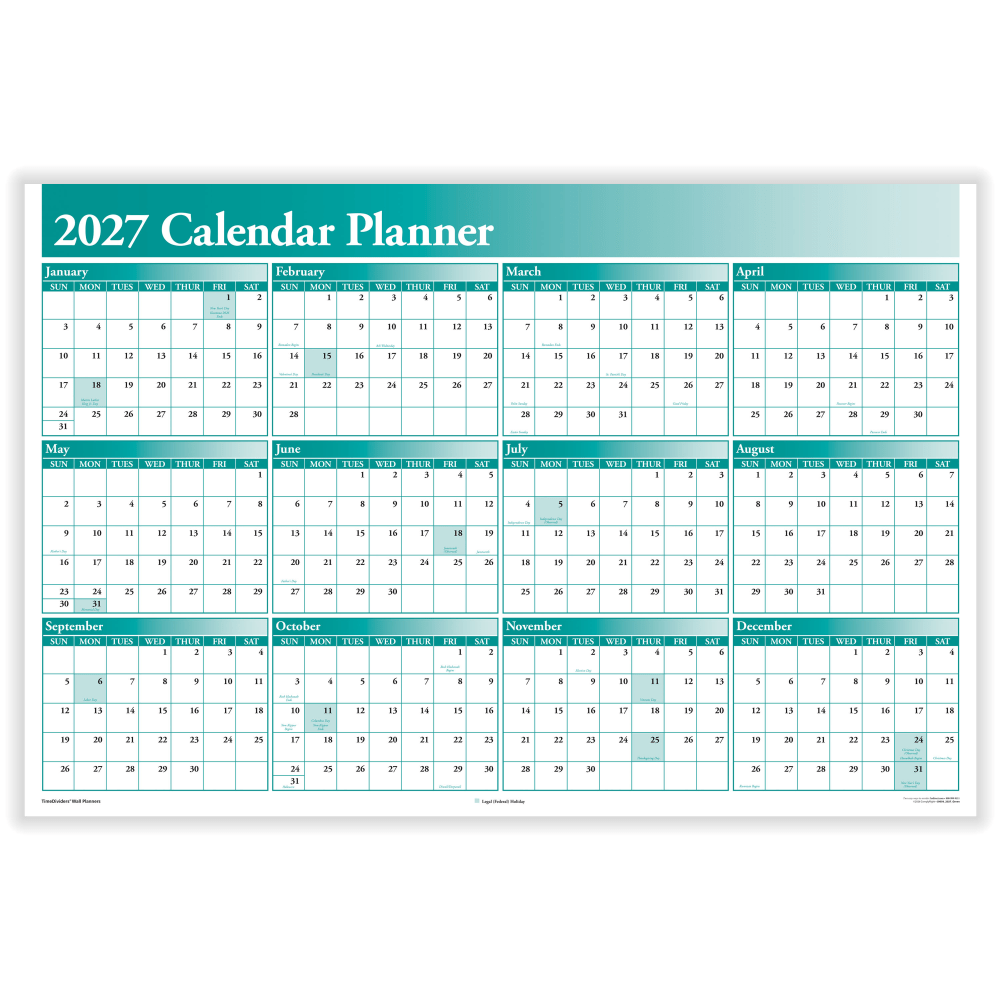 ComplyRight 2027 Calendar Planner, 36in x 24in, Green