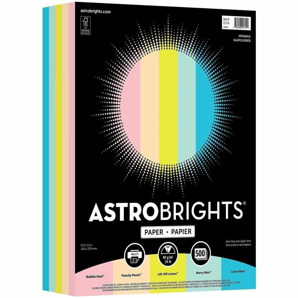 Astrobrights Color Multi-Use Printer & Copy Paper, 1 Ream, Assorted Colors, Letter (8.5in x 11in), 500 Sheets Per Ream, 24 Lb, 94 Brightness