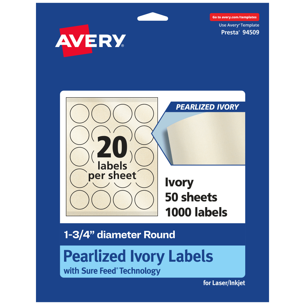 Avery Pearlized Permanent Labels With Sure Feed, 94509-PIP50, Round, 1-3/4in Diameter, Ivory, Pack Of 1,000 Labels