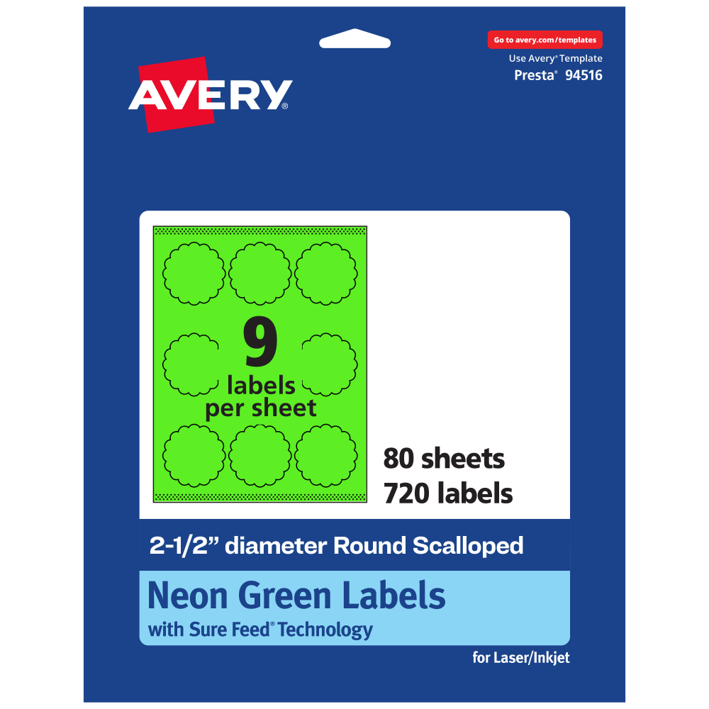 Avery Print-To-The-Edge Labels With Sure Feed Technology, 94516-NGP80, Round Scalloped, 2-1/2in, Matte Neon Green, Pack of 720