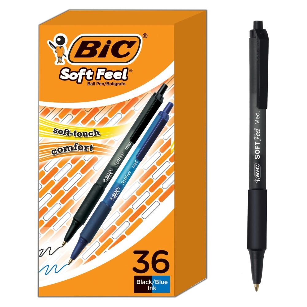 BIC SoftFeel Retractable Ballpoint Pens, Medium Point, 1.0 mm, Assorted Barrels, Assorted Ink Colors, Box Of 36