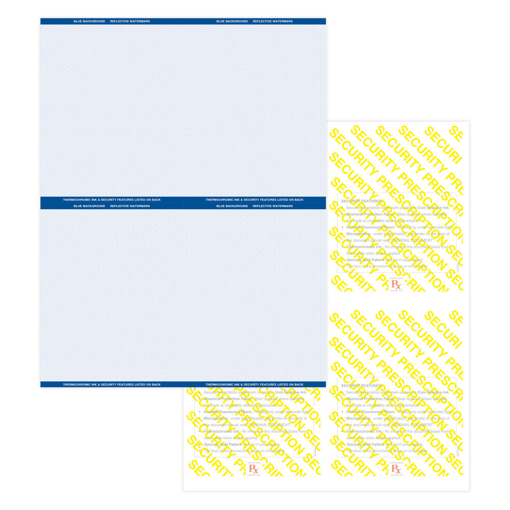 High Security Medicaid Compliant Laser RX Prescription Paper Stock - 4 Up, On 8.5in x 11in Perforated Sheet, Blue, Pack Of 2,500 Paper Stock