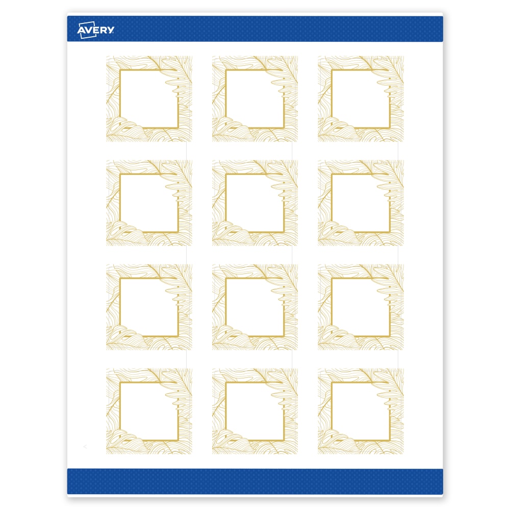 Avery Printable Labels With Sure Feed Technology, S00-EVT, Square, 2in x 2in, Matte White With Preprinted Gold Leaf Pattern, Pack Of 120