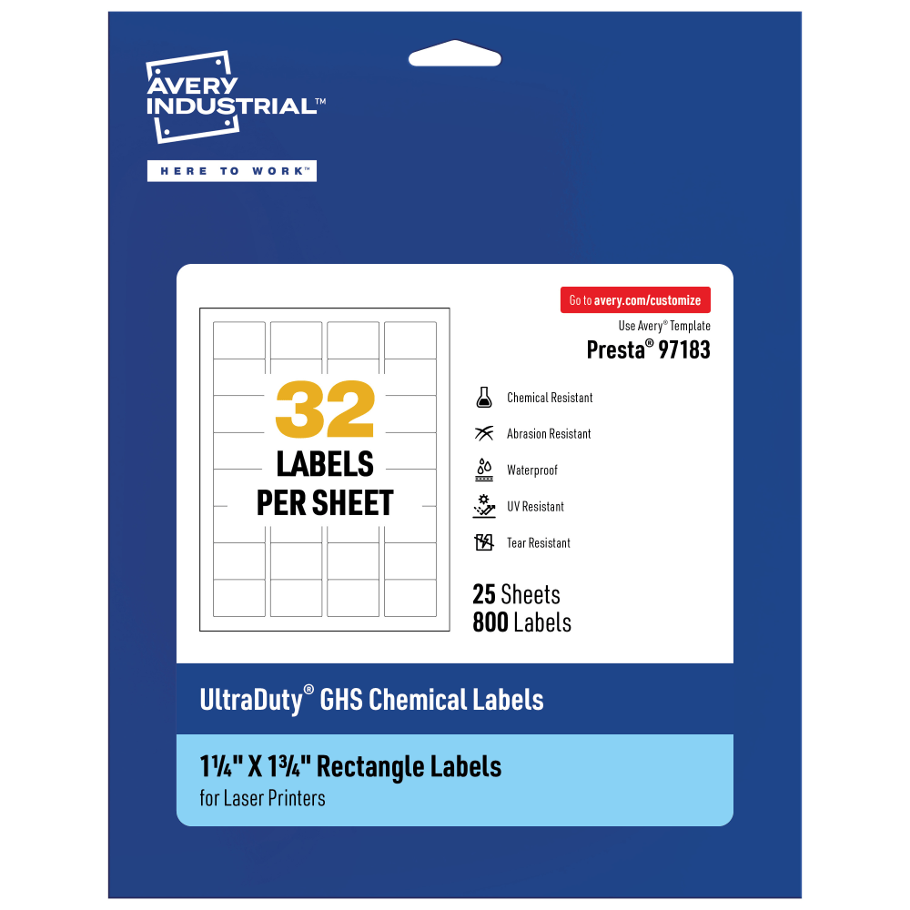 Avery Ultra Duty Permanent GHS Chemical Labels, 97183-WMU25, Rectangle, 1-1/4in x 1-3/4in, White, Pack Of 800