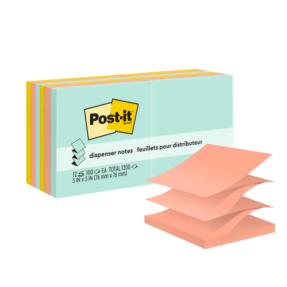 Post-it Pop Up Notes, 3 x 3 in, 12 Sticky Note Pads, 100 Sheets/Pad, School Supplies and Office Products, Accordion Sticky Notes, Beachside Cafe