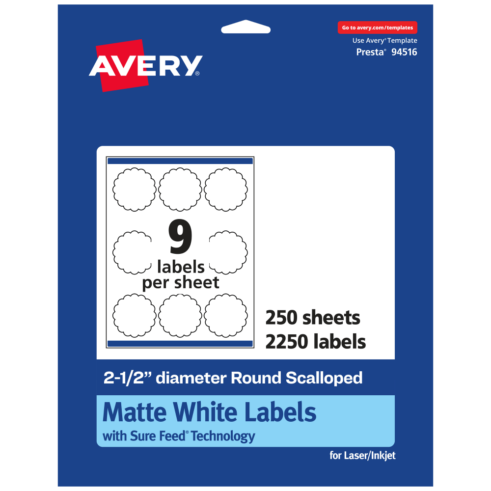 Avery Permanent Labels With Sure Feed, 94516-WMP250, Round Scalloped, 2-1/2in Diameter, White, Pack Of 2,250