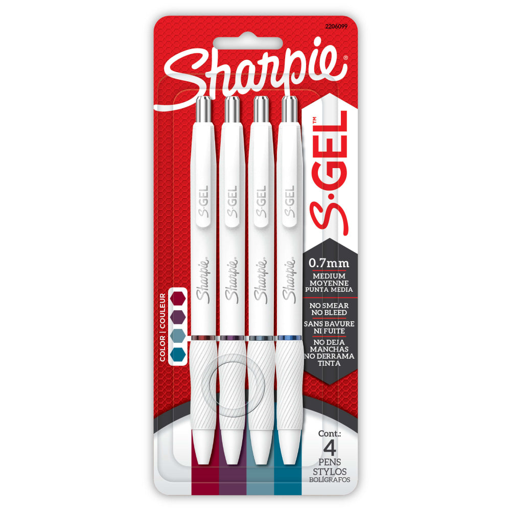 Sharpie S-Gel Retractable Gel Pens, Medium Point, 0.7mm  White Barrels, Assorted Jewel Inks, Pack Of 4 Pens