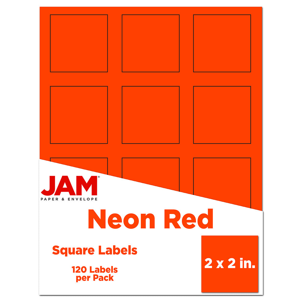 JAM Paper Mailing Address Labels, Square, 2in x 2in, Neon Red, Pack of 120