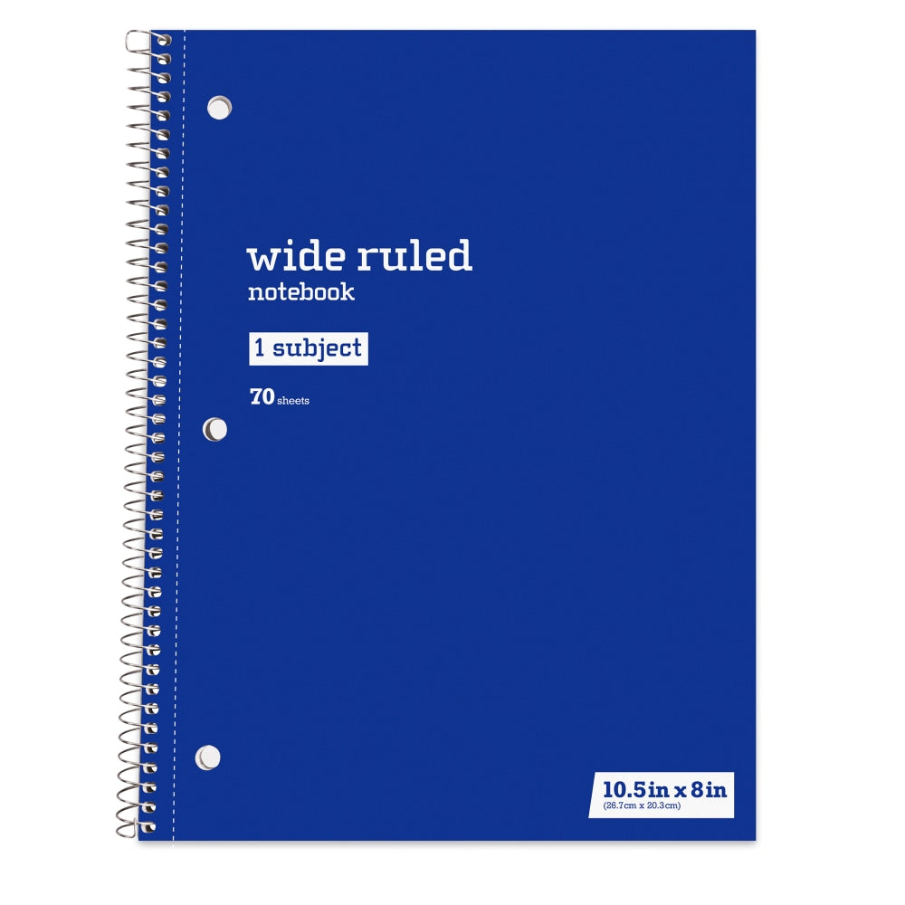 Just Basics Spiral Notebook, 8in x 10-1/2in, Wide Ruled, 70 Sheets, Blue