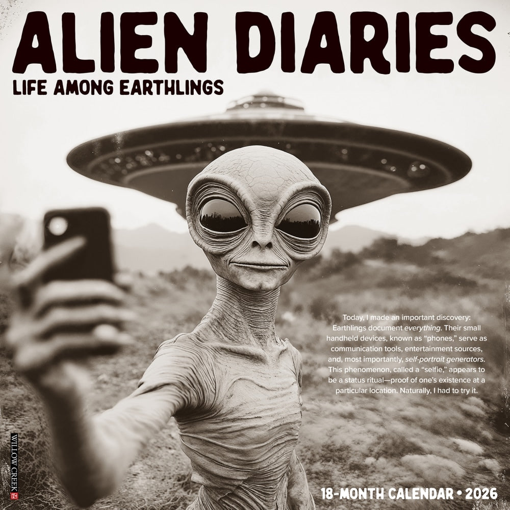 2026 Willow Creek Press Art & Design Monthly Wall Calendar, 12in x 12in, Alien Diaries, January To December, 55649
