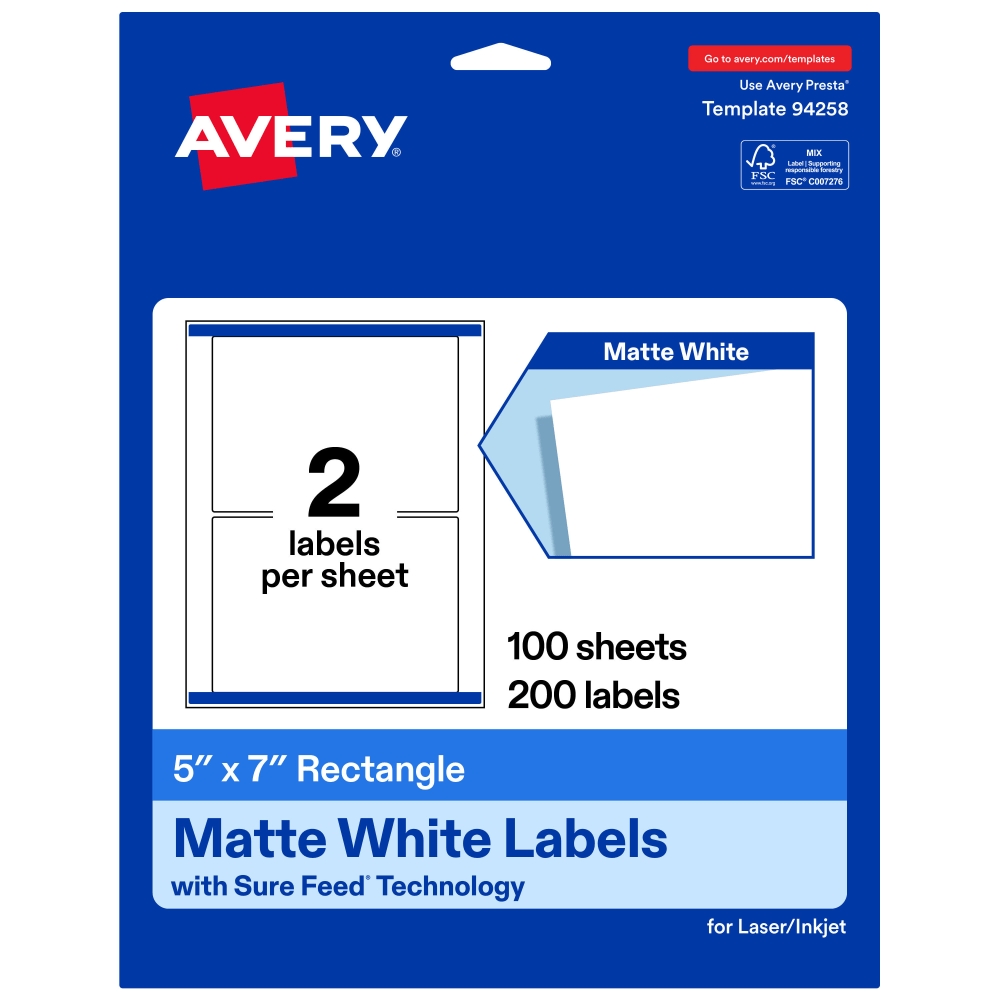Avery Permanent Labels With Sure Feed, 94258-WMP100, Rectangle, 5in x 7in, White, Pack Of 200