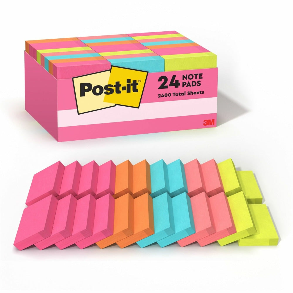 Post-it Cape Town Color Collection Value Pack, 1 1/2in x 2in, Assorted Colors, 100 Sheets Per Pad, Pack Of 24 Pads