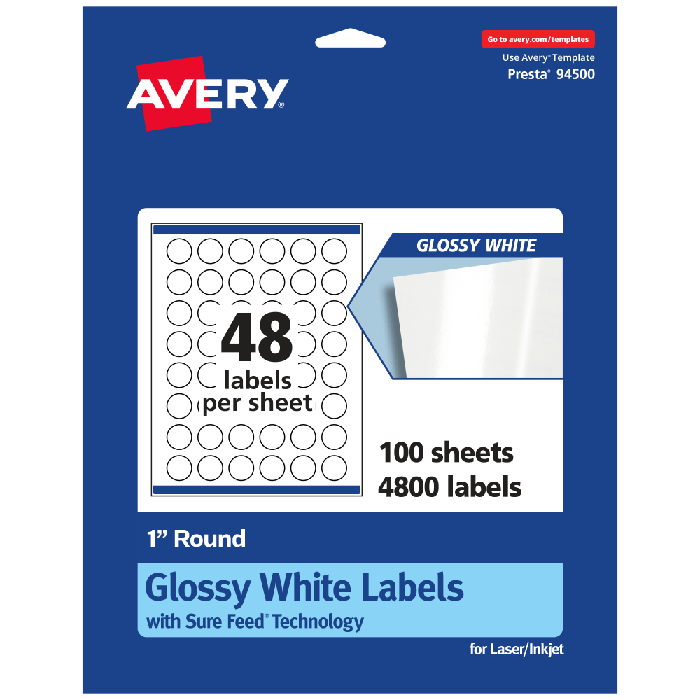 Avery Glossy Permanent Labels With Sure Feed, 94500-WGP100, Round, 1in Diameter, White, Pack Of 4,800