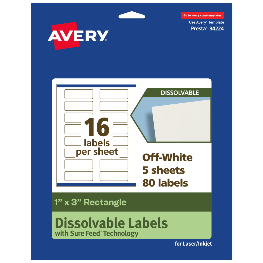 Avery Print-to-the-Edge Dissolvable Labels With Sure Feed Technology, 94224-DWMP5, Rectangle, 1inx3in, Matte Off-White, Pack Of 80