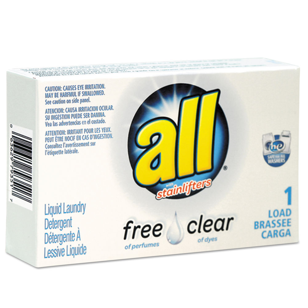 all Free Clear HE Liquid Laundry Detergent, Unscented, 1.25 oz Vending Box, 100/Carton