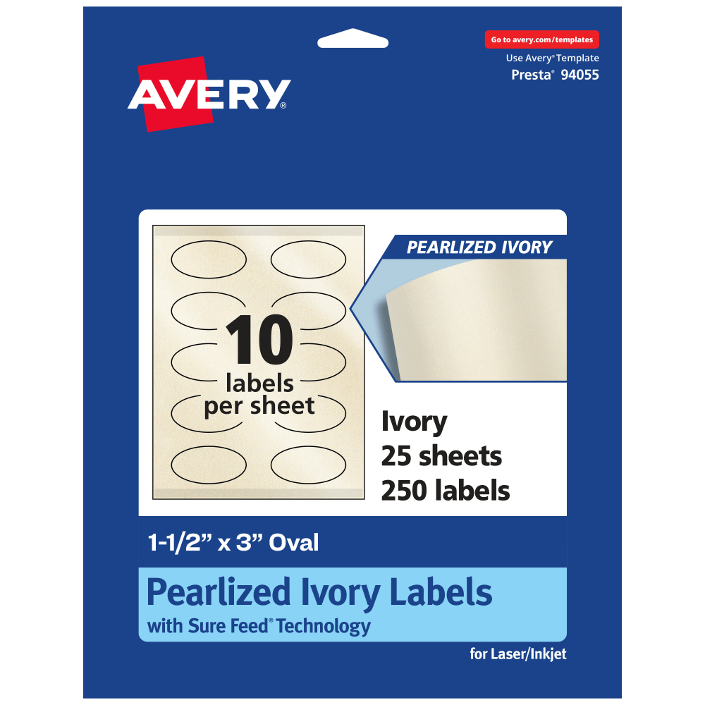 Avery Pearlized Permanent Labels With Sure Feed, 94055-PIP25, Oval, 1-1/2in x 3in, Ivory, Pack Of 250 Labels
