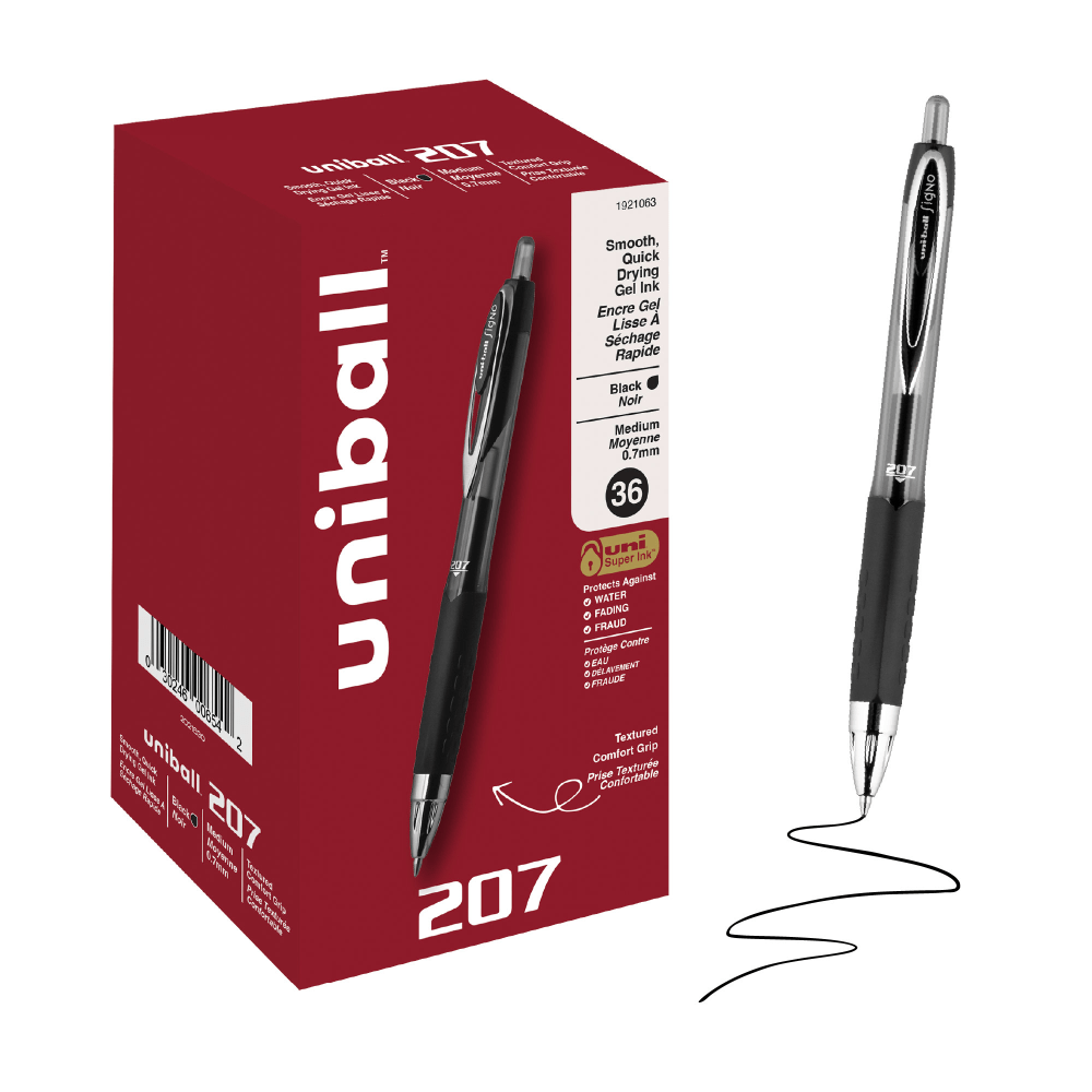 uniball 207 Retractable Gel Pens, 0.7mm Medium Point, Black Ink, 36 Count
