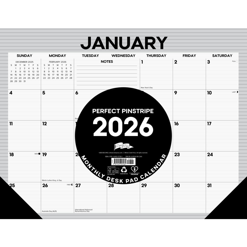 2026 Willow Creek Press Desk Pad Calendar, 22in x 17in, Pinstripe, January To December, 57261
