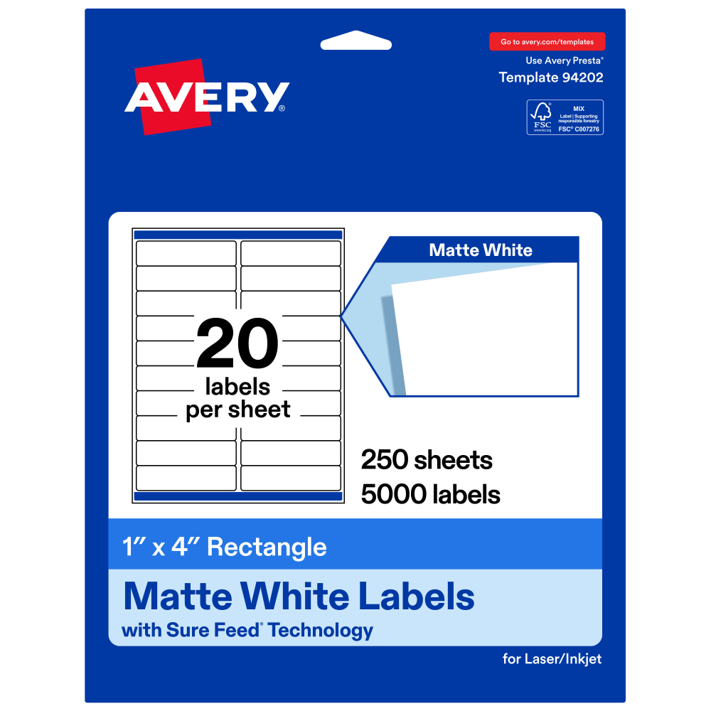 Avery Permanent Labels With Sure Feed, 94202-WMP250, Rectangle, 1in x 4in, White, Pack Of 5,000