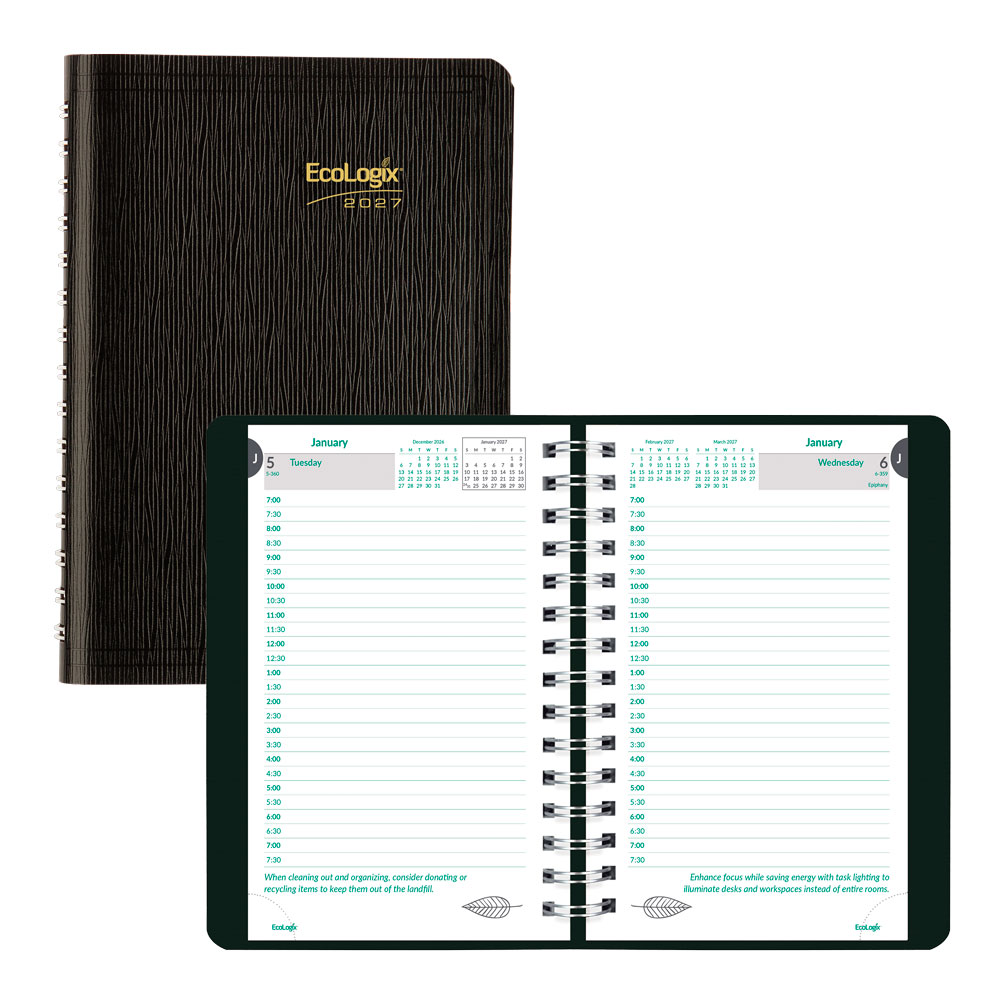 2027 Brownline EcoLogix Daily Appointment Planner, 8in x 5in, 100% Recycled, Black, January To December, CB410W.BLK, Total Qty 1