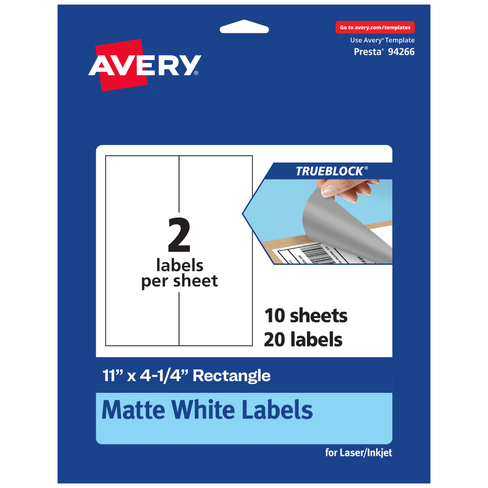 Avery TrueBlock Labels, 94266-TWMP10, Rectangle, 11in x 4-1/4in, Matte White, Pack Of 20