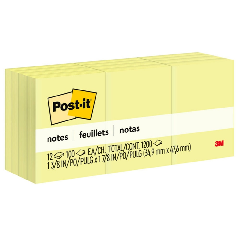 Post-it Notes, 1.38 x 1.88 in, 12 Mini Sticky Note Pads, 100 Sheets/Pad, School Supplies and Office Products, The Iconic Canary Yellow Note