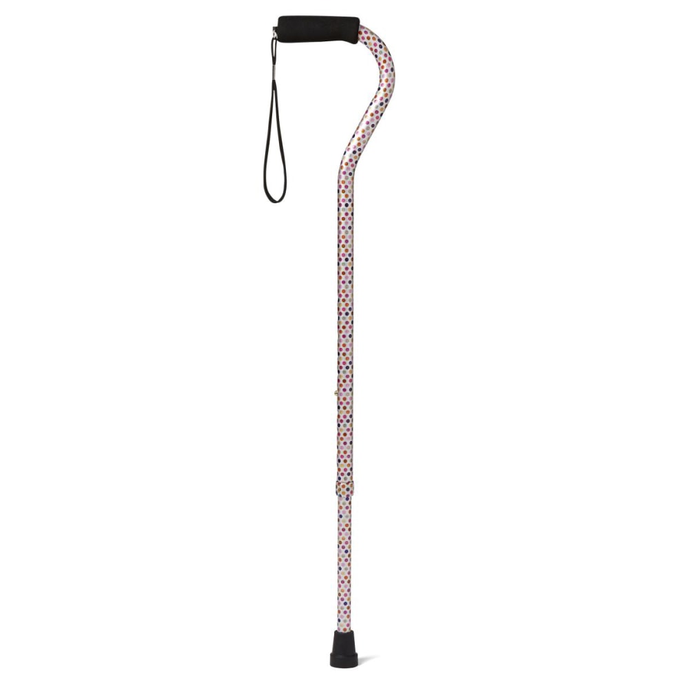 Medline Adjustable Aluminum Offset-Handle Cane, 29in - 38inH, Polka Dots