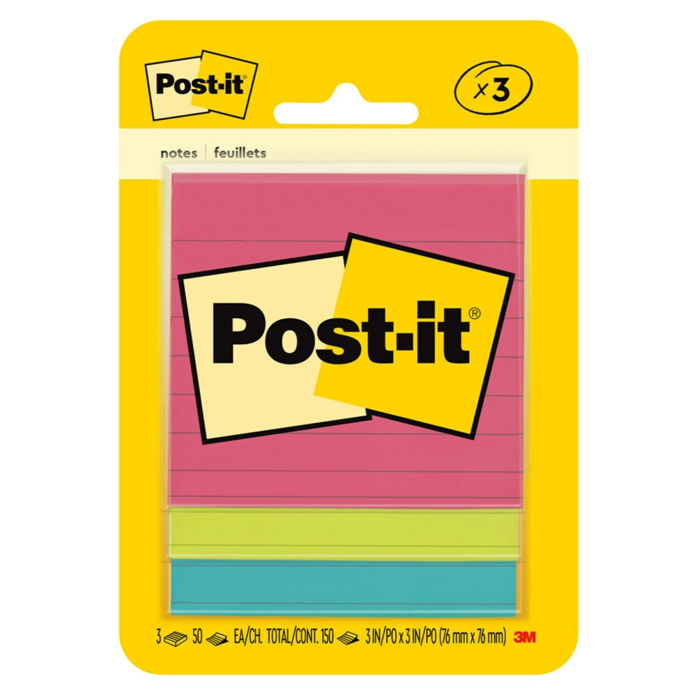 Post-it Notes, 3 x 3 in, 3 Lined Sticky Note Pads, 50 Sheets/Pad, School Supplies and Office Products, Poptimistic