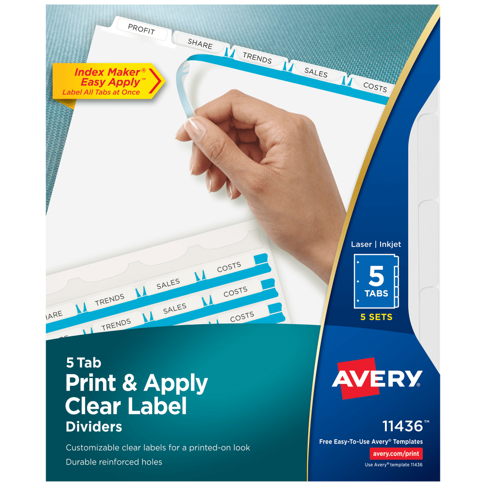 Avery Customizable Index Maker Dividers for 3 Ring Binder, Easy Print & Apply Clear Label Strip, 5 Tab, White, Laser Printer, Pack Of 5 Sets