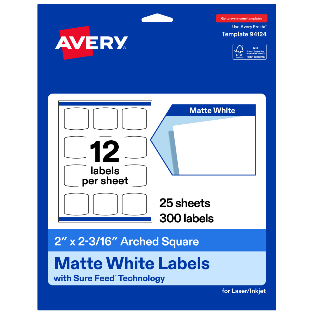 Avery Permanent Labels With Sure Feed, 94124-WMP25, Arched Square, 2in x 2-3/16in, White, Pack Of 300