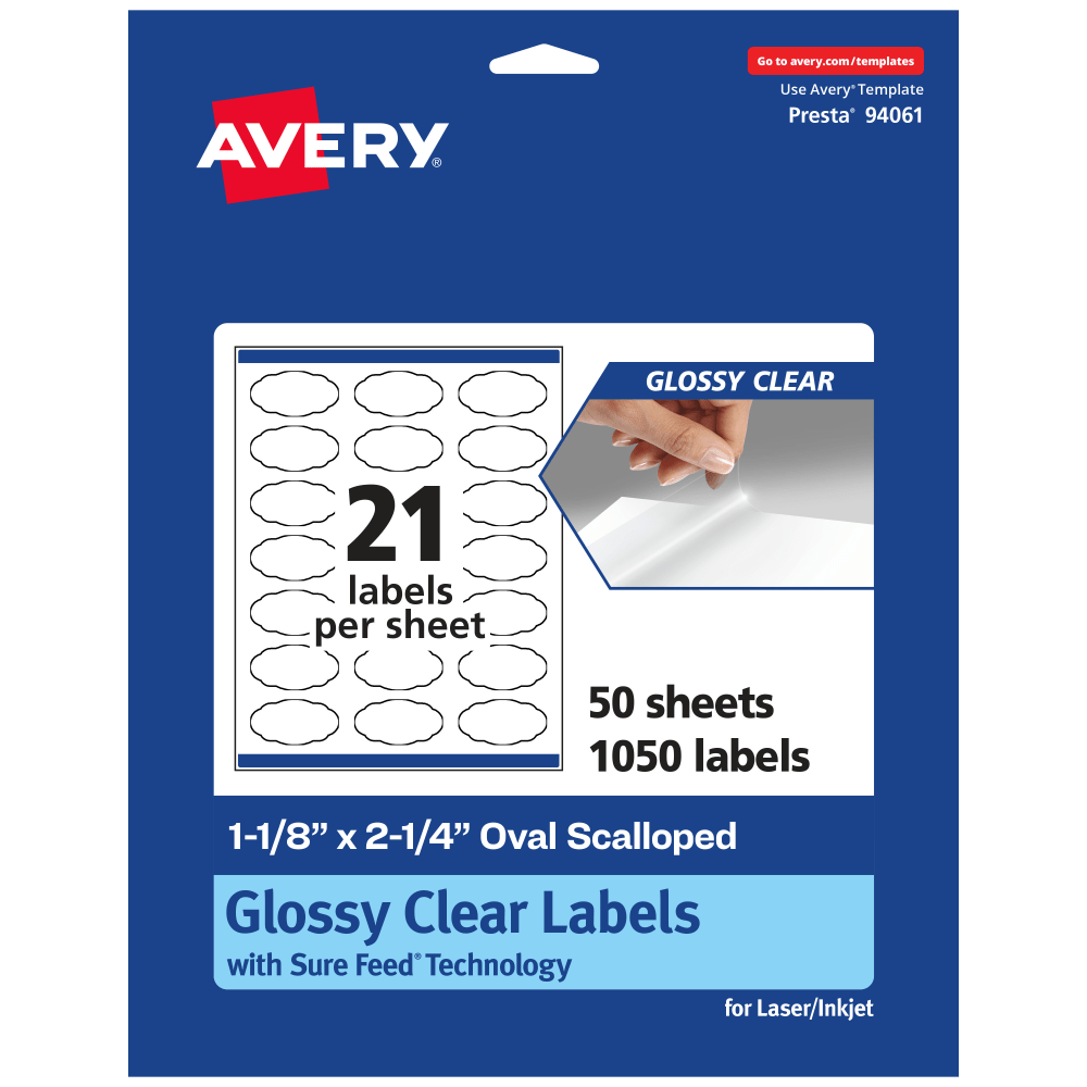Avery Glossy Permanent Labels With Sure Feed, 94061-CGF50, Oval Scalloped, 1-1/8in x 2-1/4in, Clear, Pack Of 1,050