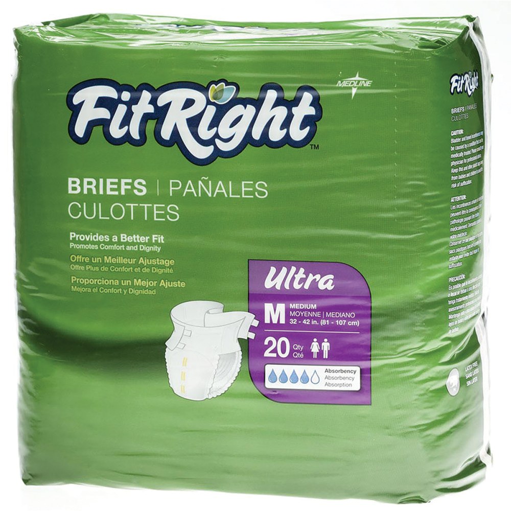 FitRight Ultra Briefs, Medium, 32 - 42in, White, 20 Briefs Per Bag, Case Of 4 Bags