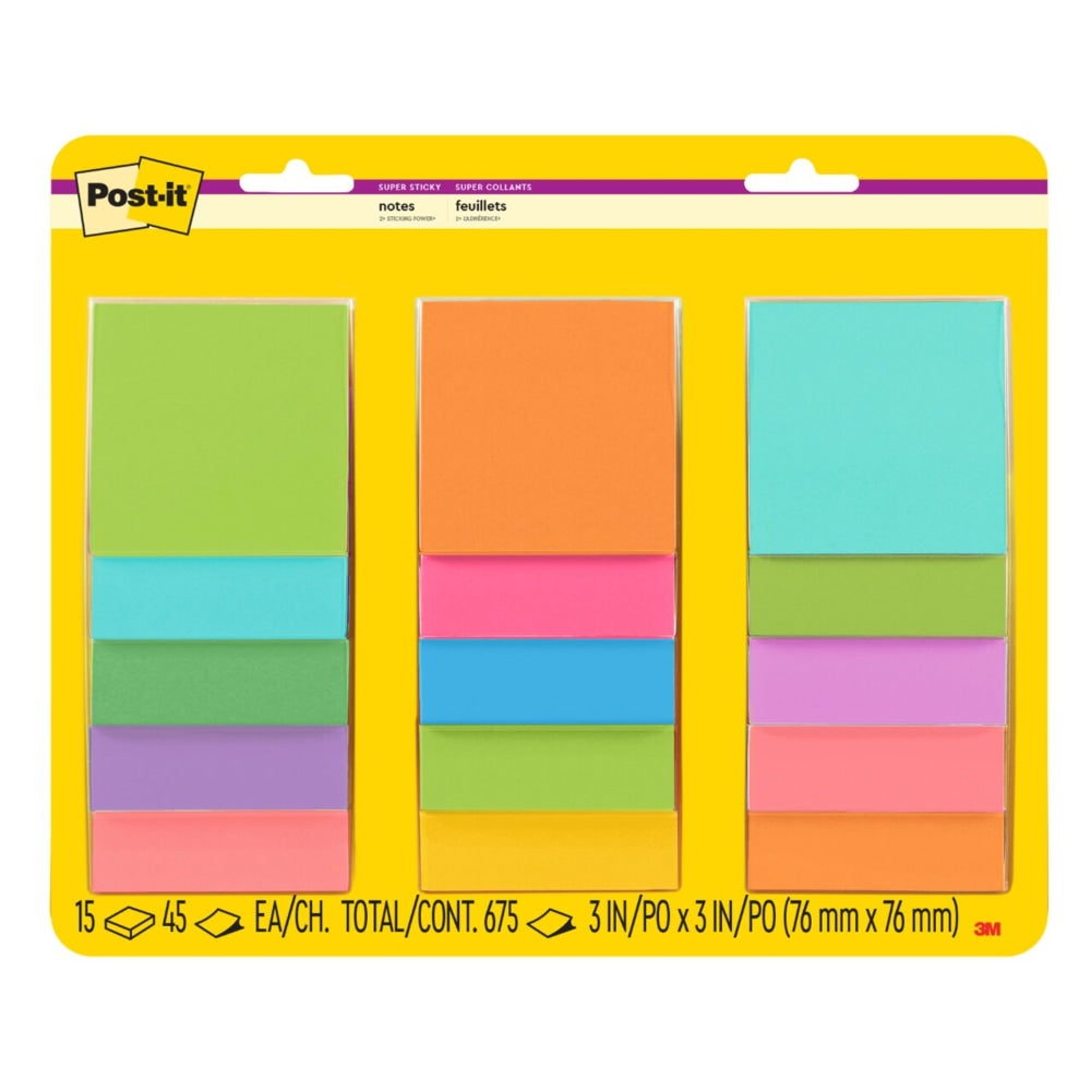 Post-it Super Sticky Notes, 3 x 3 in, 15 Sticky Note Pads, 45 Sheets/Pad, 2X the Sticking Power, Energy Boost