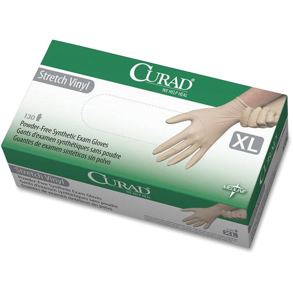Medline Powder-free Stretch Vinyl Exam Gloves - X-Large Size - Vinyl - Cream - Stretchable, Powder-free, Latex-free, Non-sterile, Beaded Cuff, 130/PK