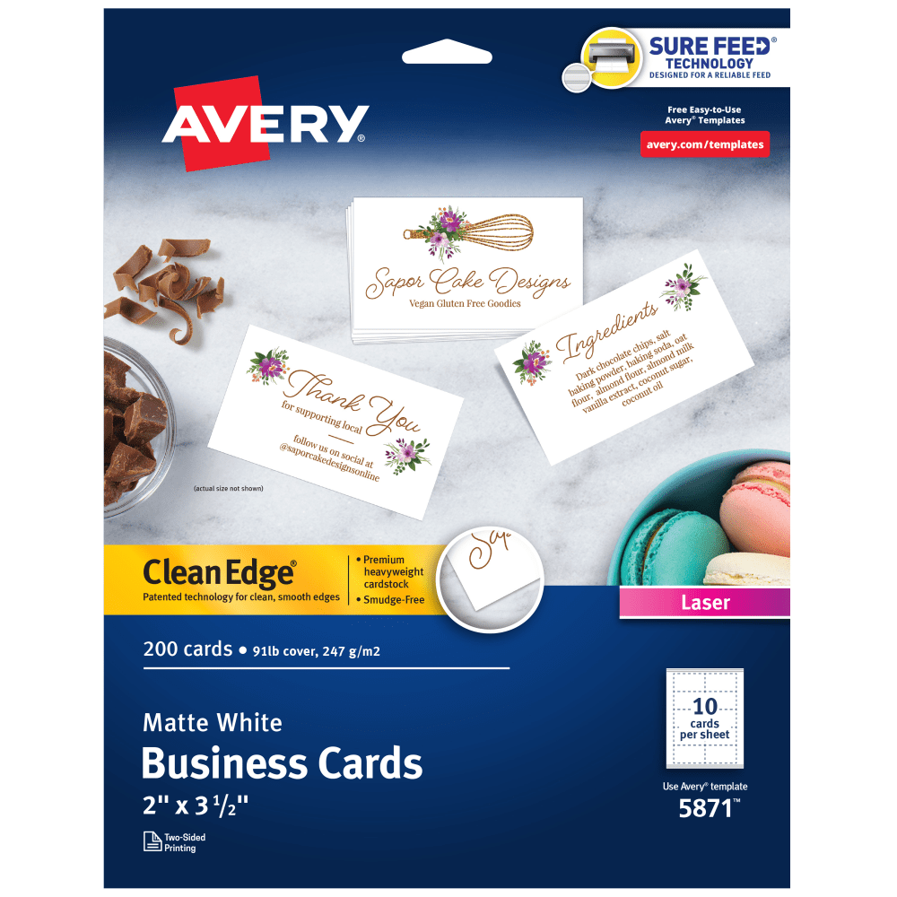 Avery Printable Clean Edge Business Cards With Sure Feed Technology for Laser Printers, 2in x 3-1/2in, White, Pack Of 200 Blank Cards