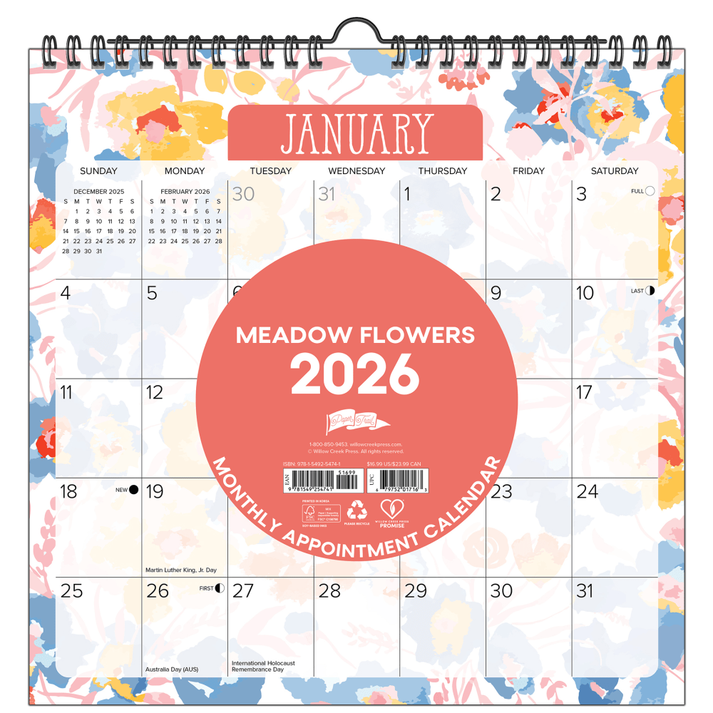 2026-2027 Willow Creek Press Monthly Spiral Wall Calendar, 12in x 12in, Meadow Flowers, July 2026 To June 2027, 54741
