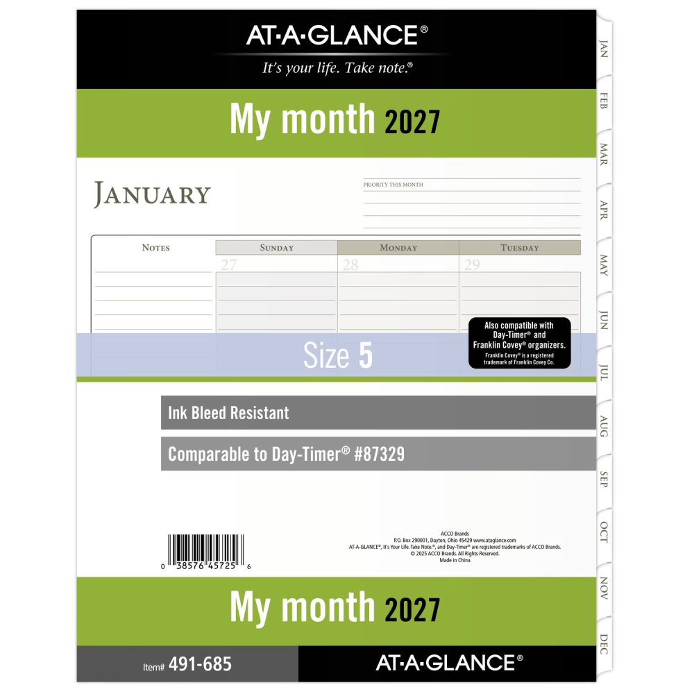 AT-A-GLANCE 2027 Monthly Planner Refill, Loose-Leaf, Folio Size, 8 1/2in x 11in