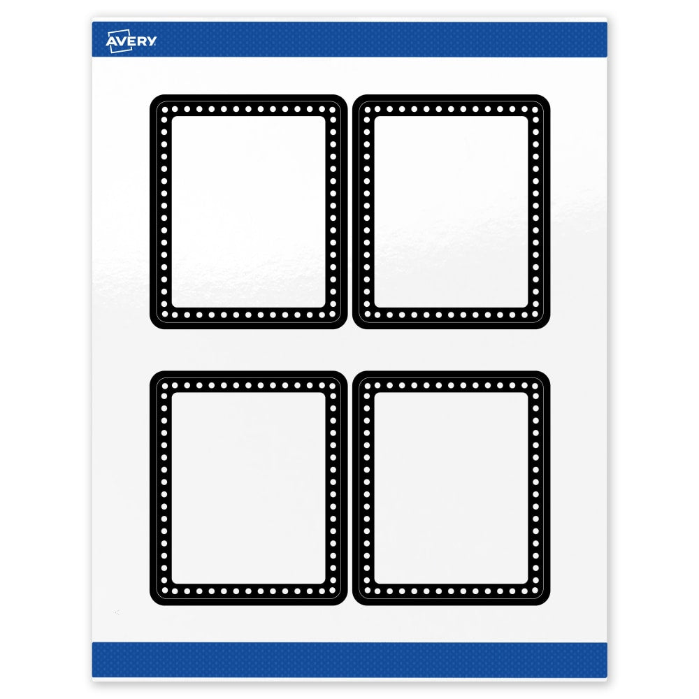 Avery Print-To-The-Edge Labels & Sure Feed, S00-DKN-PRWGP10, 4in x 3-1/3in, Glossy White, Preprinted Black & White Polka Dots Design, Pack Of 40